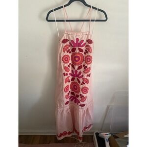 ZARA Embroidered Floral Pink Midi Sundress Spaghetti Strap Ruffle Hem